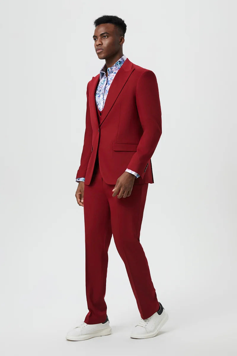Men's Vested One Button Peak Lapel Stacy Adams Designer Suit in Cherry Red