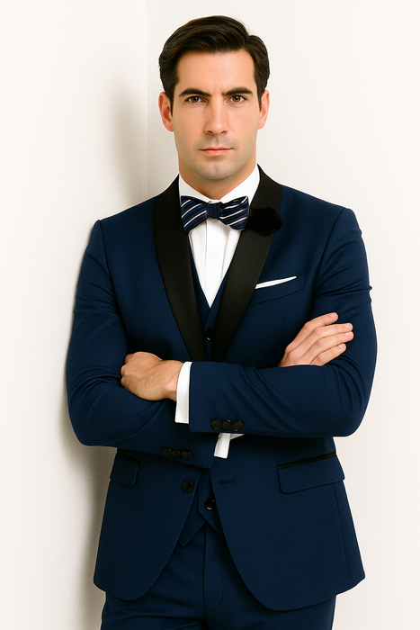 Mens One Button Shawl Lapel Suit Navy Blue