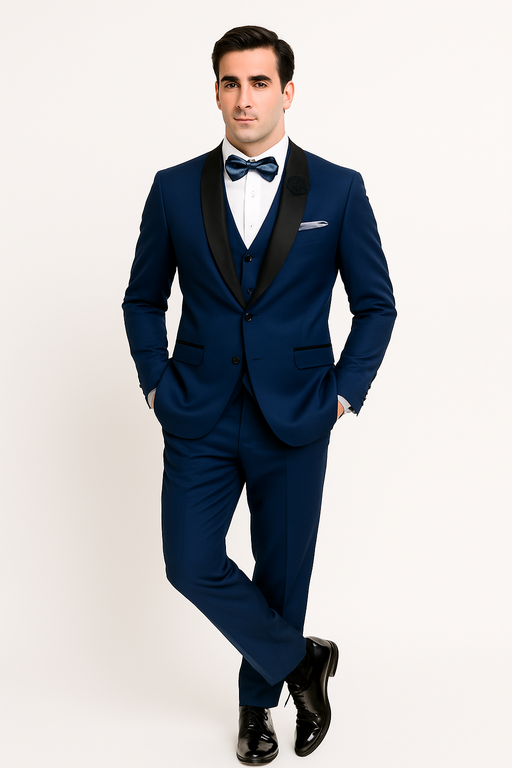 Mens One Button Shawl Lapel Suit Navy Blue