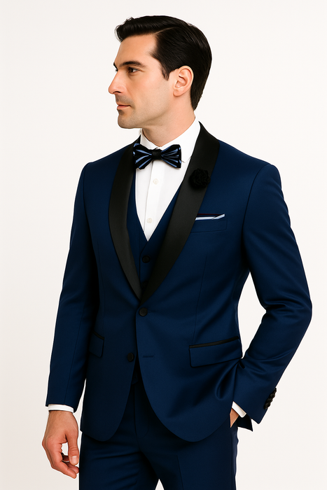 Mens One Button Shawl Lapel Suit Navy Blue
