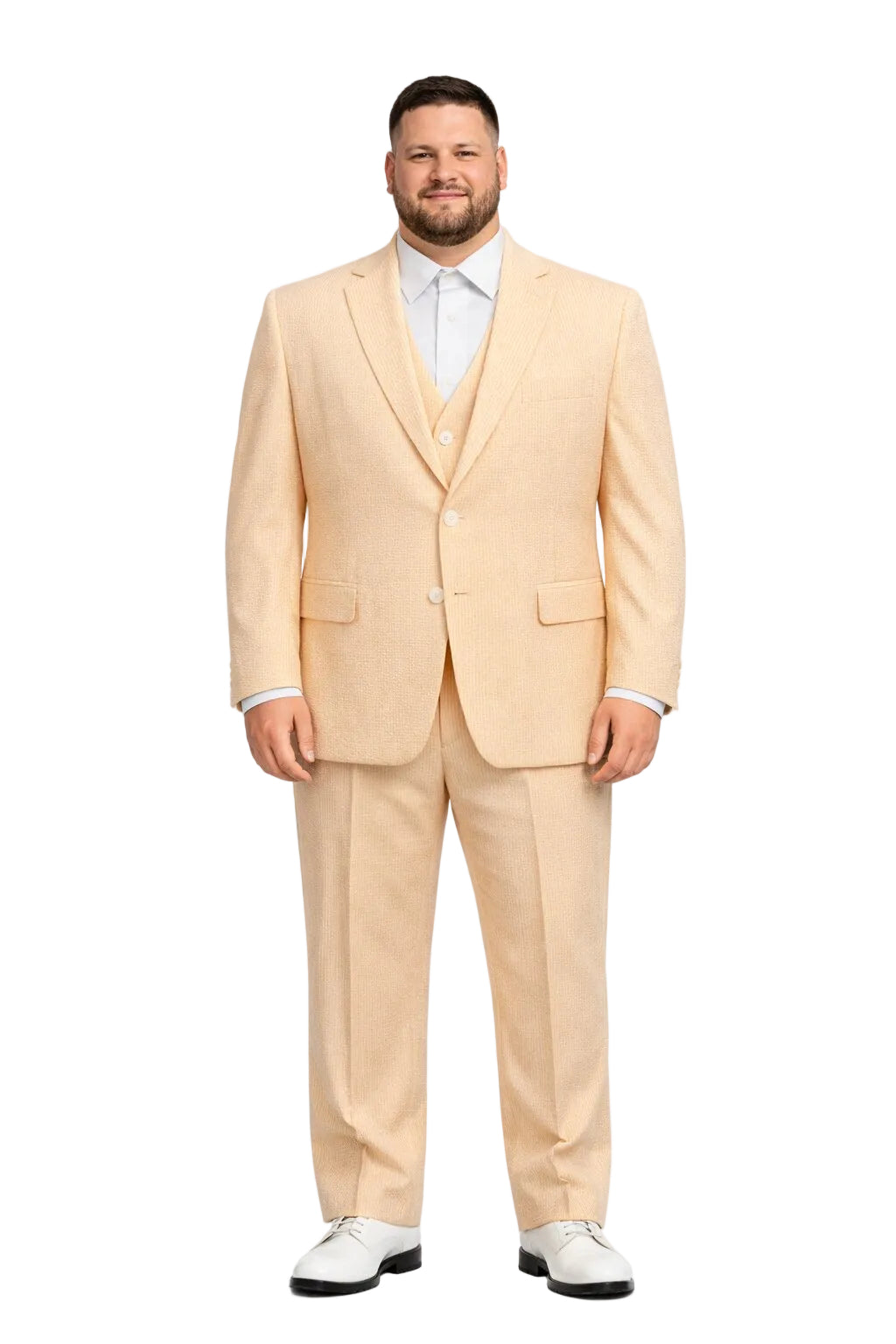 Men's  Notch Label Orange Colour Summer Seersucker Fabric Jacket and Pants 3 Piece Suit