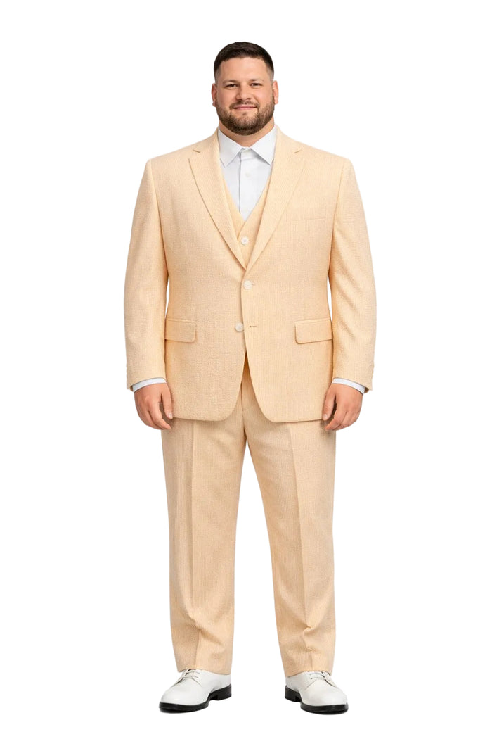 Men's  Notch Label Orange Colour Summer Seersucker Fabric Jacket and Pants 3 Piece Suit