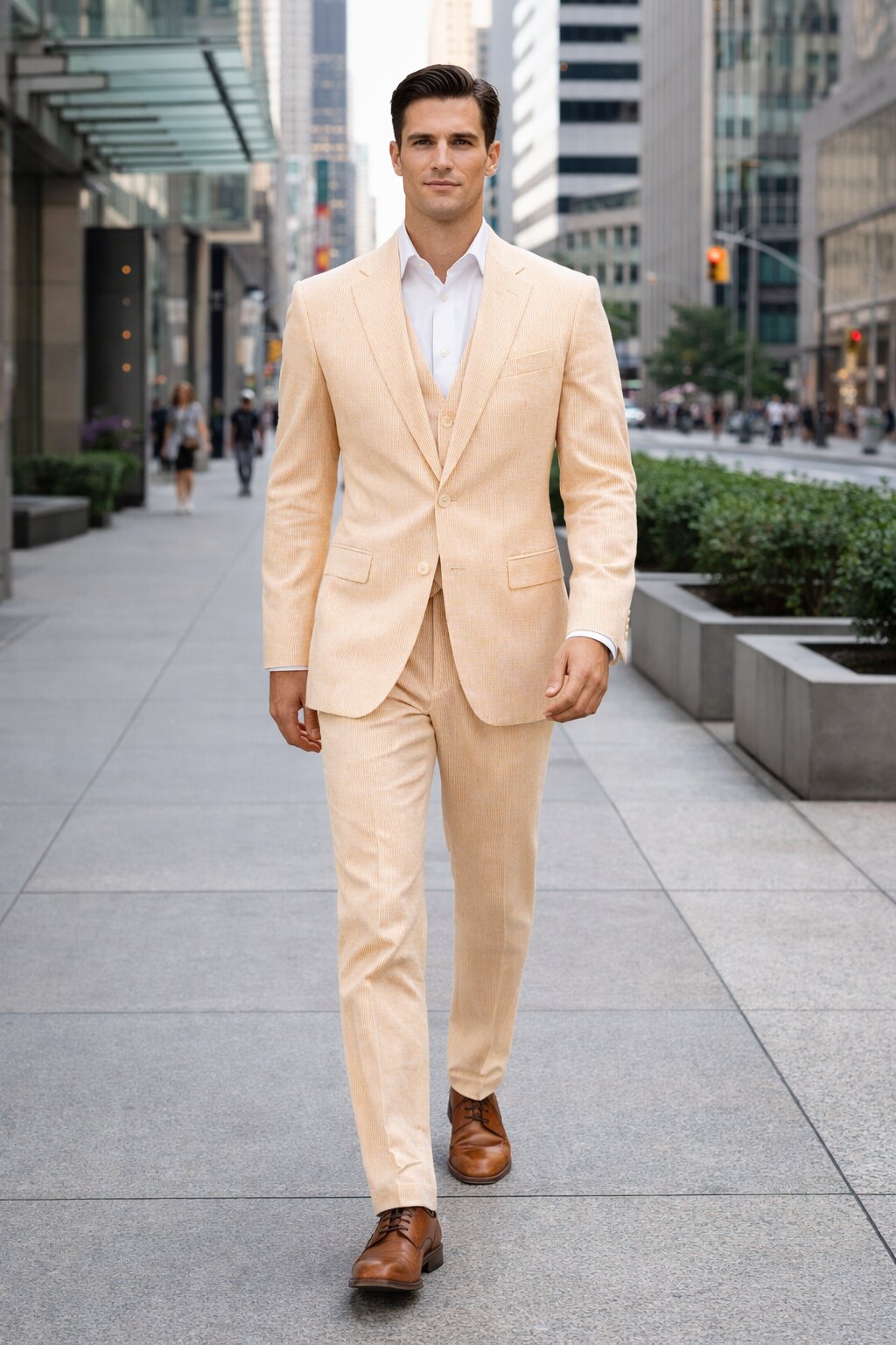 Men's  Notch Label Orange Colour Summer Seersucker Fabric Jacket and Pants 3 Piece Suit
