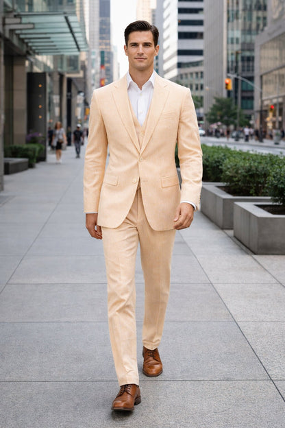 Men's  Notch Label Orange Colour Summer Seersucker Fabric Jacket and Pants 3 Piece Suit