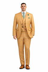 Orange Plaid Suit - Vested Suit - 3 Piece Suits - Peak Lapel Suits - Windowpane Suit - 2 Button