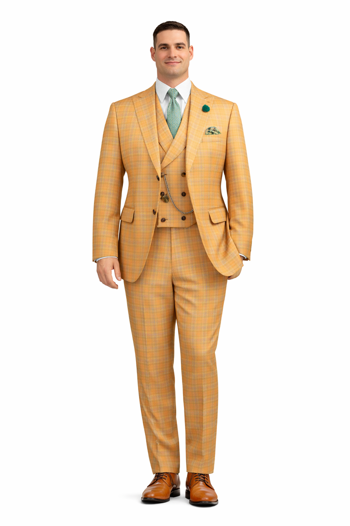 Orange Plaid Suit - Vested Suit - 3 Piece Suits - Peak Lapel Suits - Windowpane Suit - 2 Button