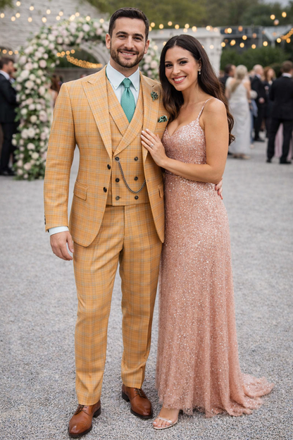 Orange Plaid Suit - Vested Suit - 3 Piece Suits - Peak Lapel Suits - Windowpane Suit - 2 Button