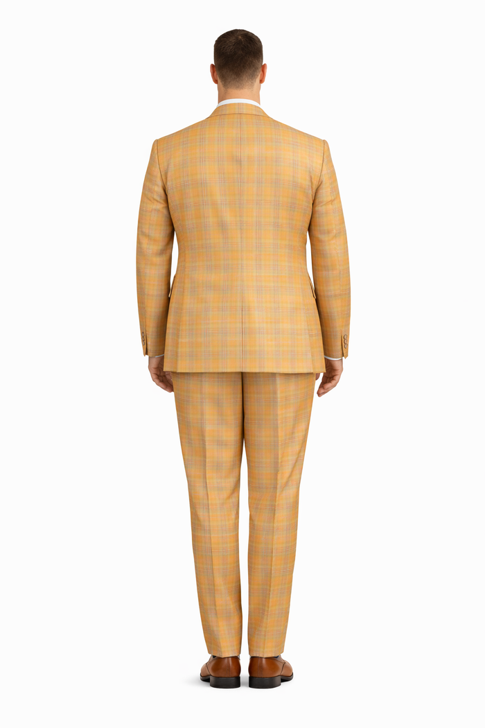 Orange Plaid Suit - Vested Suit - 3 Piece Suits - Peak Lapel Suits - Windowpane Suit - 2 Button