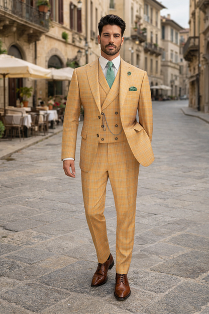 Orange Plaid Suit - Vested Suit - 3 Piece Suits - Peak Lapel Suits - Windowpane Suit - 2 Button