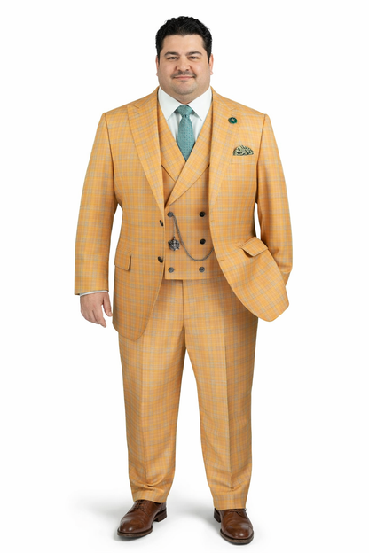 Orange Plaid Suit - Vested Suit - 3 Piece Suits - Peak Lapel Suits - Windowpane Suit - 2 Button