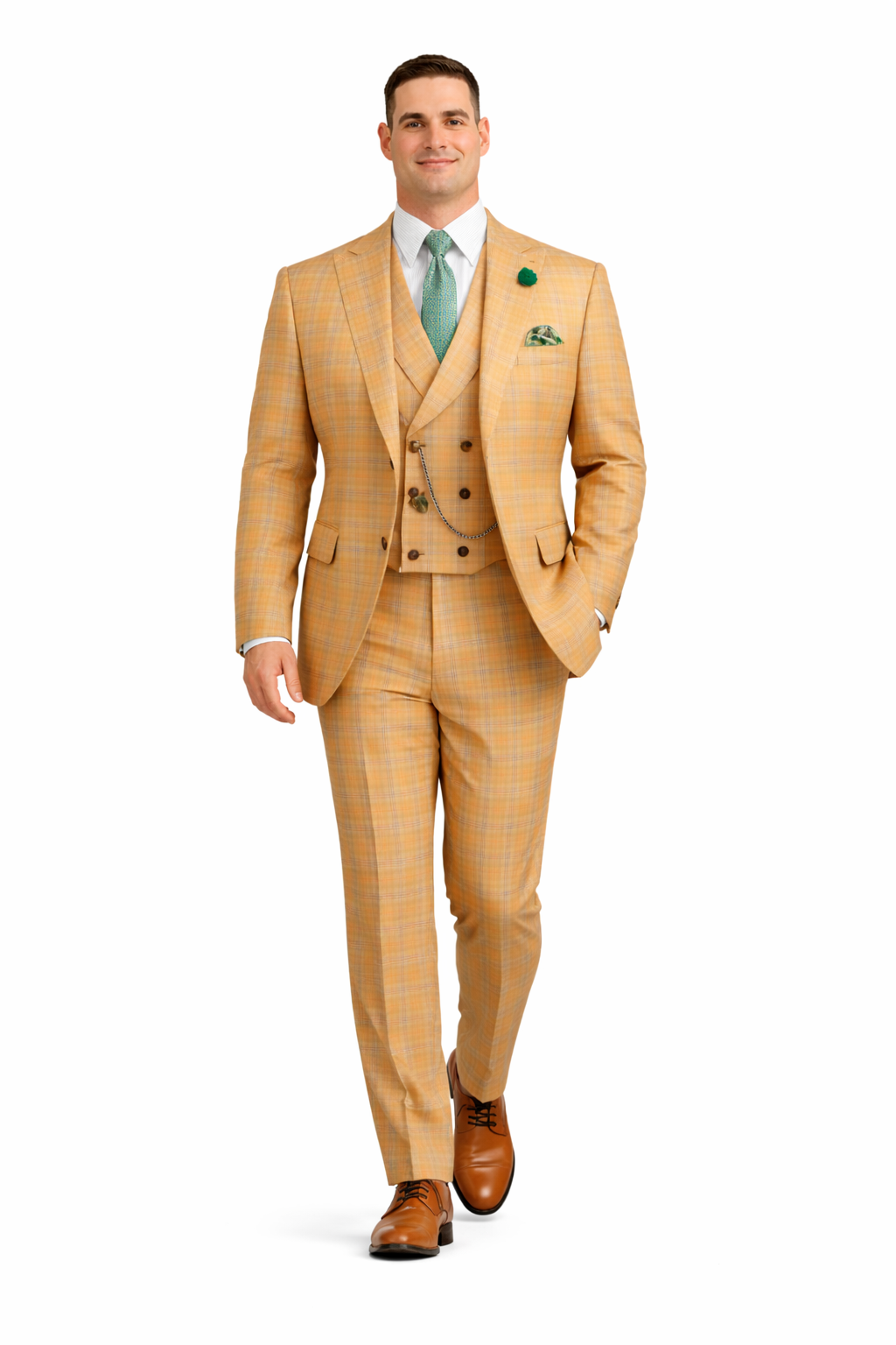 Orange Plaid Suit - Vested Suit - 3 Piece Suits - Peak Lapel Suits - Windowpane Suit - 2 Button