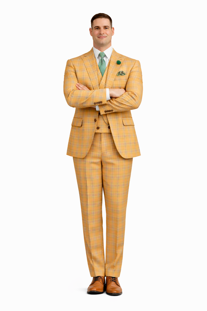 Orange Plaid Suit - Vested Suit - 3 Piece Suits - Peak Lapel Suits - Windowpane Suit - 2 Button