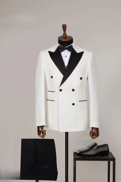 Men’s Vintage Hollywood WHITE/BLACK Double-Breasted Tuxedo – Black Peak Lapel Wedding and Formal Suit