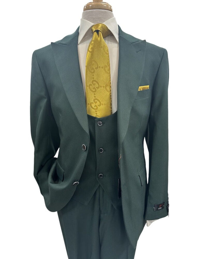 Mens Vitali 3 Piece Suit W/Scoop Vest Hunter Green 3-Piece Suit –, Big Peak Lapel  Vest and Pants  Two Buttons Modern Fit