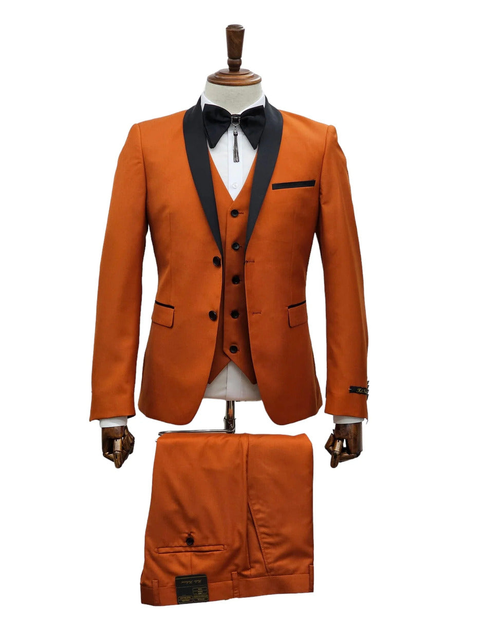 Men's Burnt Orange Tuxedo Suit – 3-Piece Slim Fit with Black Satin Shawl Lapel - Image 6