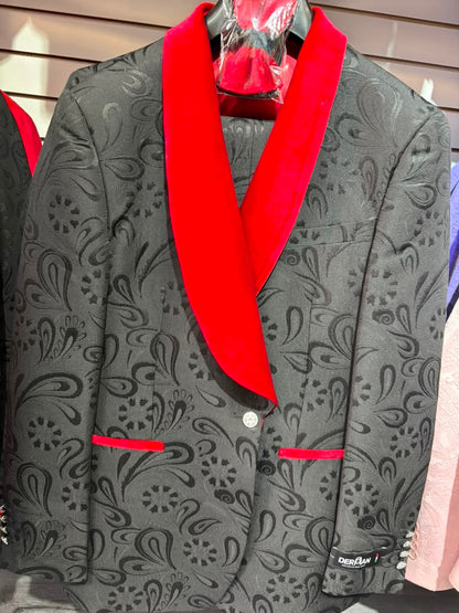 Men’s Black Paisley Tuxedo with Red Velvet Shawl Lapel – 3 Piece Wedding Prom Suit With Matching Bowtie