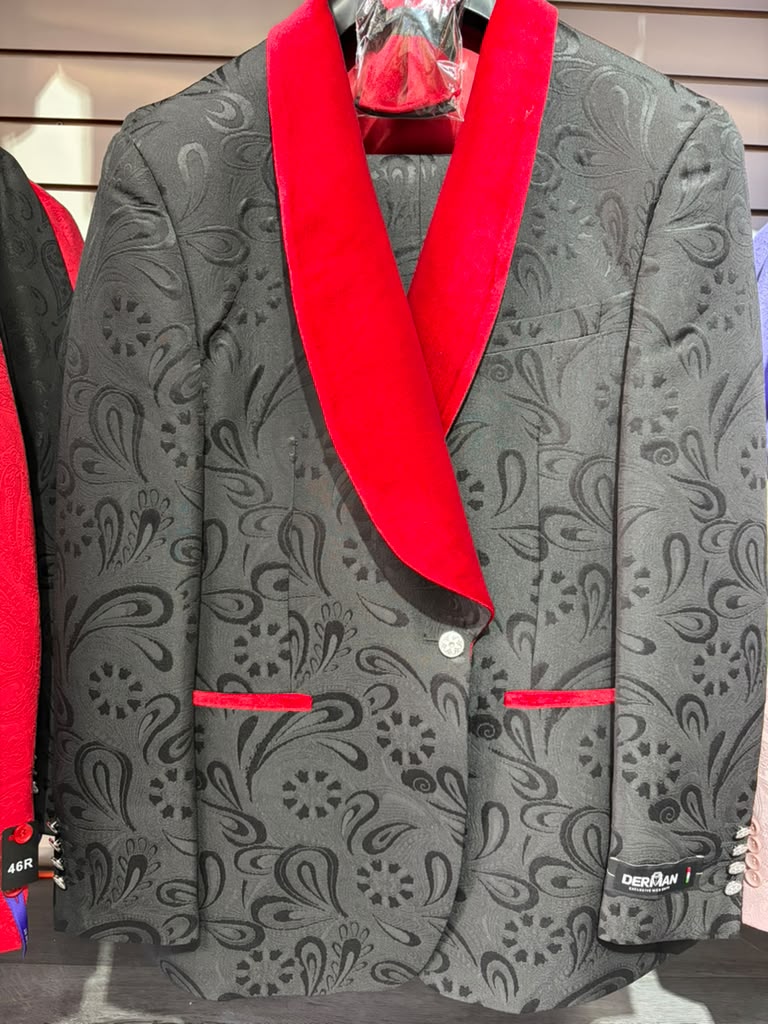 Men’s Black Paisley Tuxedo with Red Velvet Shawl Lapel – 3 Piece Wedding Prom Suit With Matching Bowtie