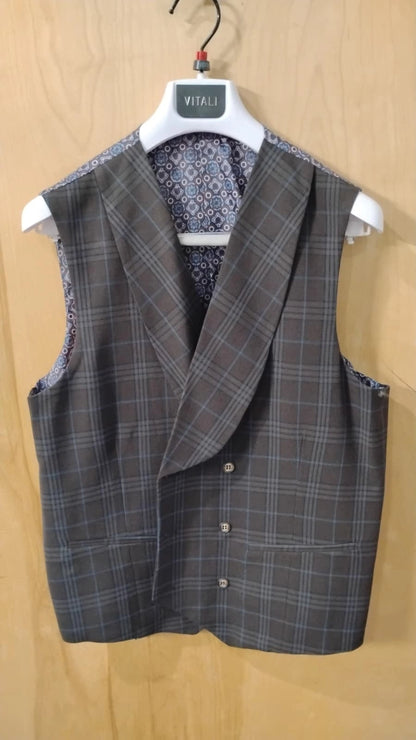 Vitali Men’s Brown Grey with blue Check 3 Piece Suit – Classic Plaid Formal Suit Set with Blazer, Vest & Trousers, Business Wedding Party Wear for Men Modern Fit