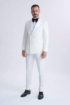 Men’s White Double Breasted Dinner Jacket Blazer with Black Pants – Formal Tuxedo Style Outfit for Weddings