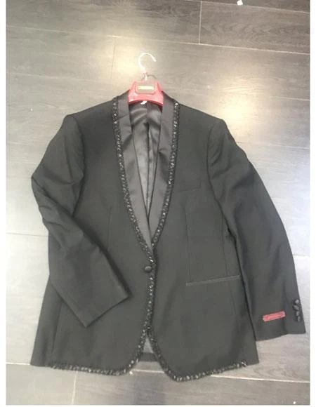 Mens Classic Black Designer Tuxedo Suit with Beaded Lapel – Elegant Formal and Party Wear Jacket and Pants - Image 7