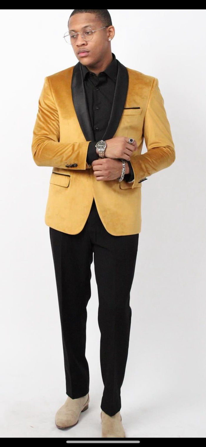 Men’s Mustard Gold Tuxedo Jacket – Slim Fit Dinner Blazer with Black Satin Shawl Lapel + Free Black Pants & Bowtie
