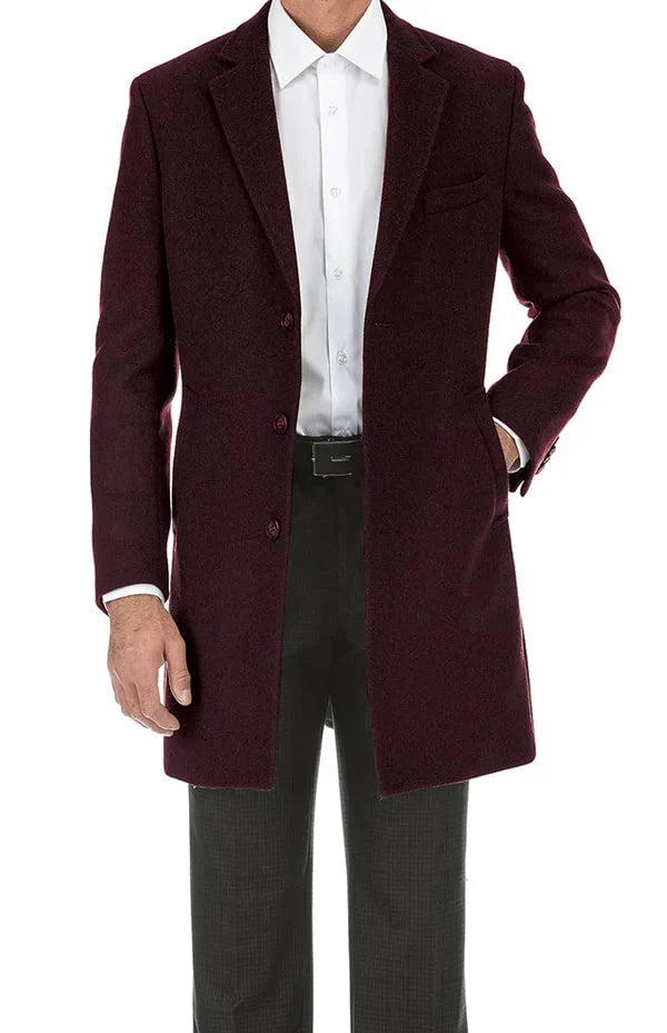Men’s Burgundy Mid-Length Overcoat – Classic Fit Wool Blend Dress Coat Three Quarter Carcoat Topcoat