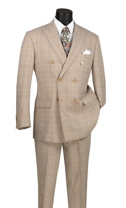 Vinci Men’s Beige Plaid Double Breasted Suit – Classic Checkered Formal Suit Set in Tan Color Windowpane Checkered Pattern