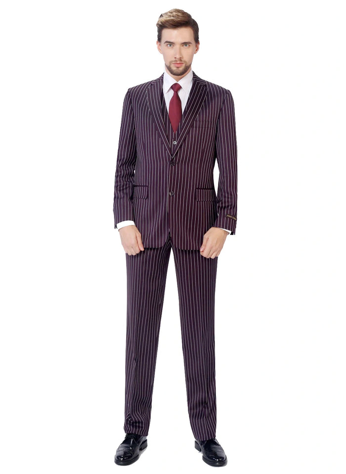 Men’s Plum Eggplant Pinstripe 3 Piece Suit – Burgundy Purple Formal Suit  Gangster 1920s Mafia Pimp Suit Modern Fit