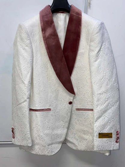 Men’s Ivory and Rose gold Floral Blazer – Elegant Shawl Lapel Formal Blazer Jacket for Wedding, Party, Prom