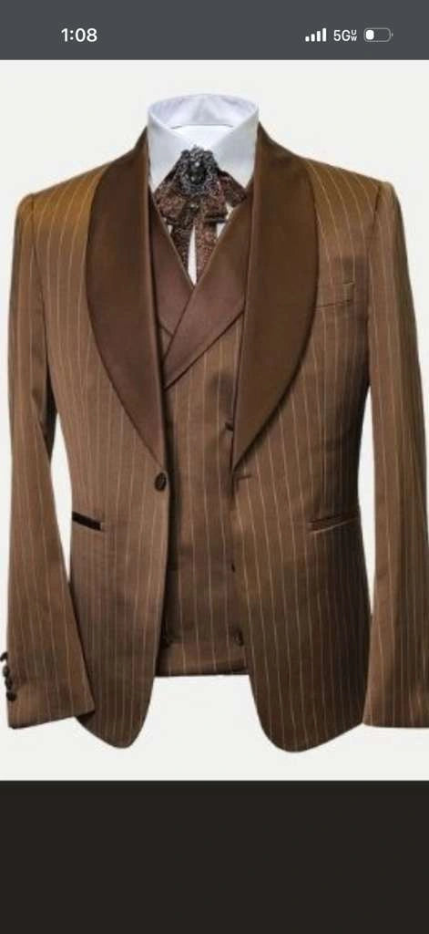 Men’s Brown Pinstripe Western Cowboy Tuxedo, Contrast Shawl Lapel Formal Suit for Weddings, Prom, Parties, and Special Occasions