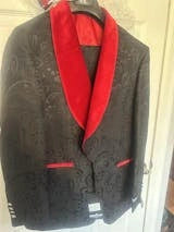 Men’s Black Paisley 2 Piece Suit with Red Shawl Lapel, Formal Wedding Prom Party Suit Set Modern Fit