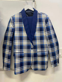 Men’s Tartan Blue Plaid and Solid Blue Tuxedo – Modern Check Pattern Formal Suit for New Year - Christmas - Holiday Jacket with Pants