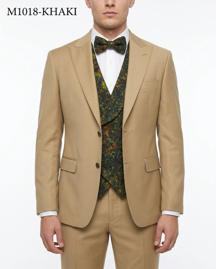 Men’s Khaki 3 Piece Suit with Patterned Vest, Great Gatsby Inspired Formal Suit for Weddings, Mardi Gra in Tan Camel Color Modern Fit