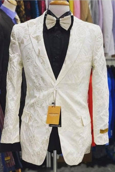 Men’s Ivory Floral Embroidered Tuxedo Jacket – Elegant Wedding and Party Blazer in Cream Color With Ivory Pants