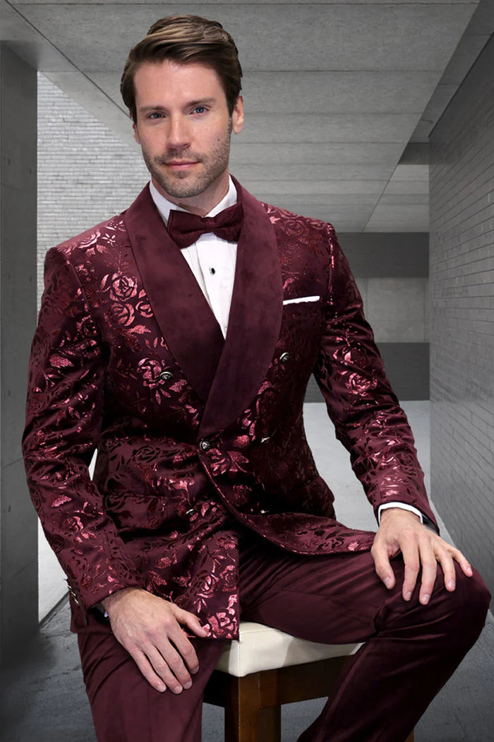 Men’s Burgundy Floral Jacquard Tuxedo Dinner Jacket – Paisley Velvet Lapel Formal Wear for Wedding and Prom