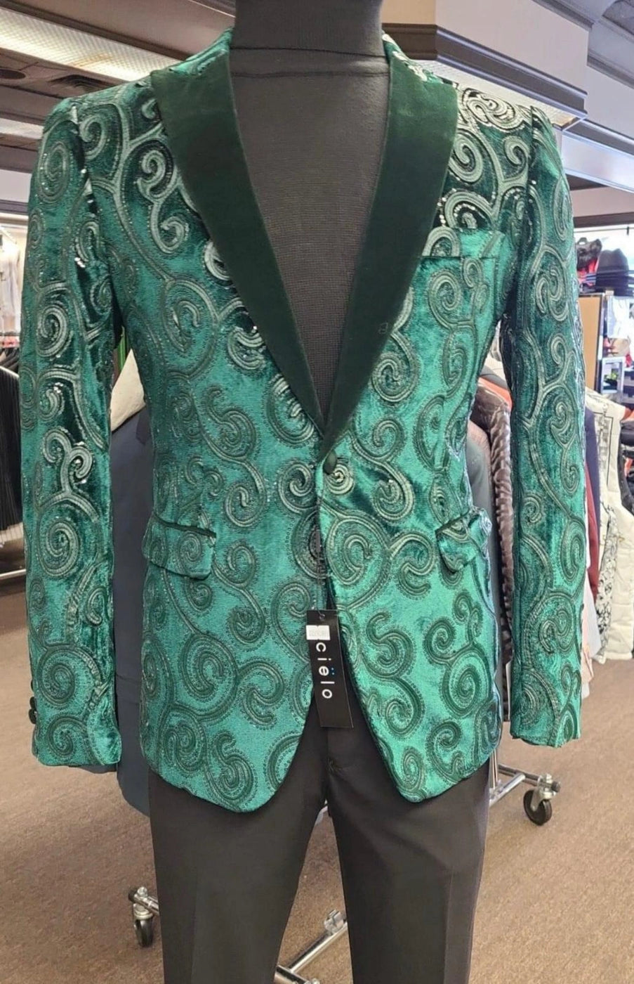 Men’s Emerald Green Paisley Tuxedo Dinner Jacket with Black Lapel, For ...