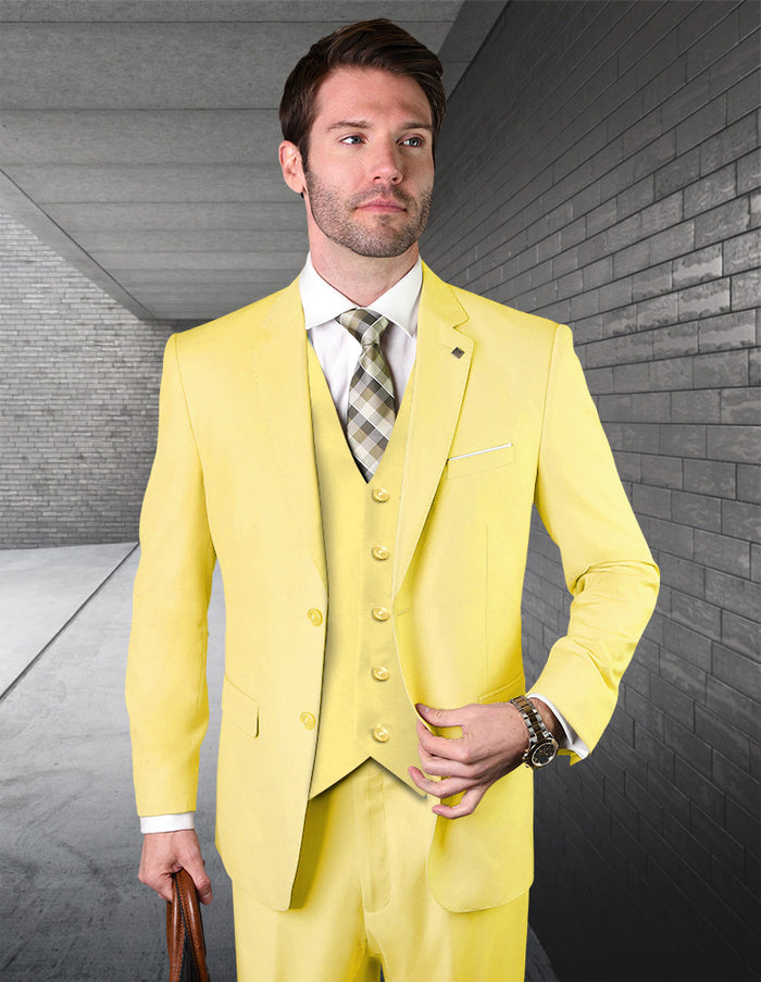 Men’s Neon Yellow Wool Suit – Bright Yellow 3-Piece Wedding, Prom & Formal Suit with Vest By Statement