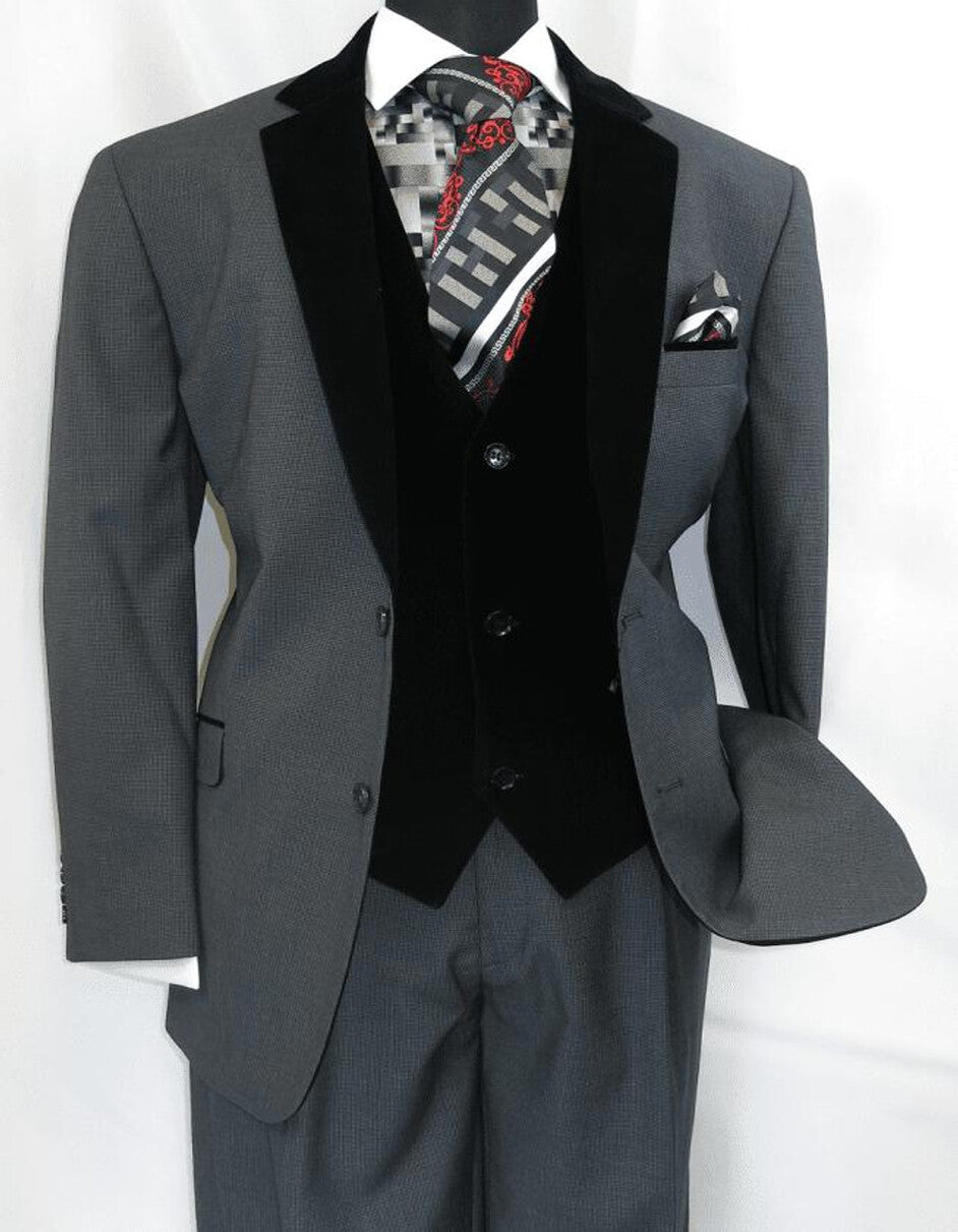Men's Charcoal Gray 3-Piece Suit with Black Velvet Lapel – Formal Business and Wedding Attire - Gray Tuxedo - Image 9