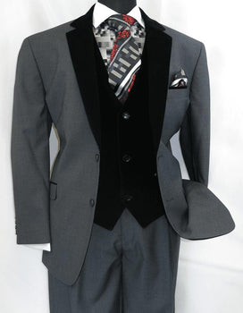 Men's Charcoal Gray 3-Piece Suit with Black Velvet Lapel – Formal Business and Wedding Attire - Gray Tuxedo - Image 9