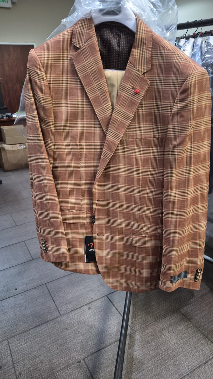 Vitali Men’s Rust Copper Brown Plaid Blazer with Tan Pants – Classic Windowpane, Business and Smart-Casual Birck color  Suit