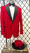 Men’s Red Velvet Fabric Rhinestone  Blazer with Matching Red and Black Hat – Christmas New Year Holiday Party Jacket Set