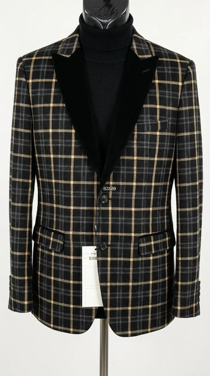 Mens Tartan Black and Gold Check Blazer – Windowpane Plaid Sport Coat Velvet Lapel Formal Party Jacket Chirsitmas New Year Holiday Jacket