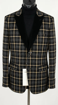 Mens Tartan Black and Gold Check Blazer – Windowpane Plaid Sport Coat Velvet Lapel Formal Party Jacket Chirsitmas New Year Holiday Jacket
