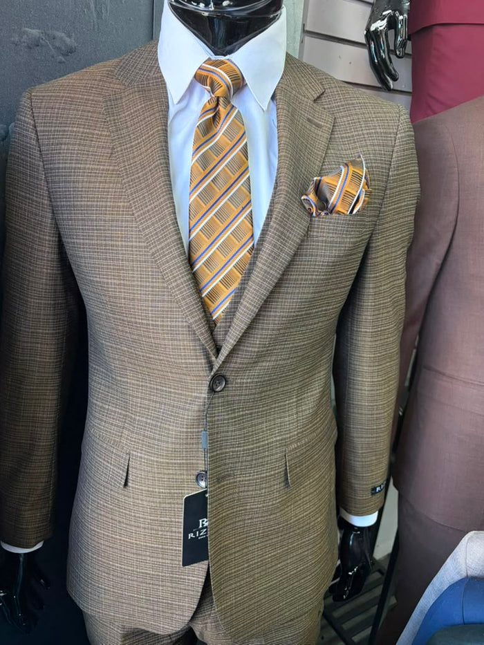 Men's Great Gatsby Brown Checker Plaid Texture 3-Piece Suit – Classic Fit Business, Wedding & Formal Suit Set - Victorian style 1920s