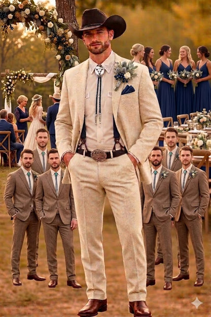 Men’s Natural Sand Linen Western Suit – Cowboy Wedding Jacket & Pants Linen Suit