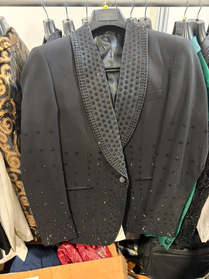 Men’s Black Western Blazer – Cowboy Tuxedo Jacket with Studded Shawl Collar with Glitter Lapel Rhinestone Lapel