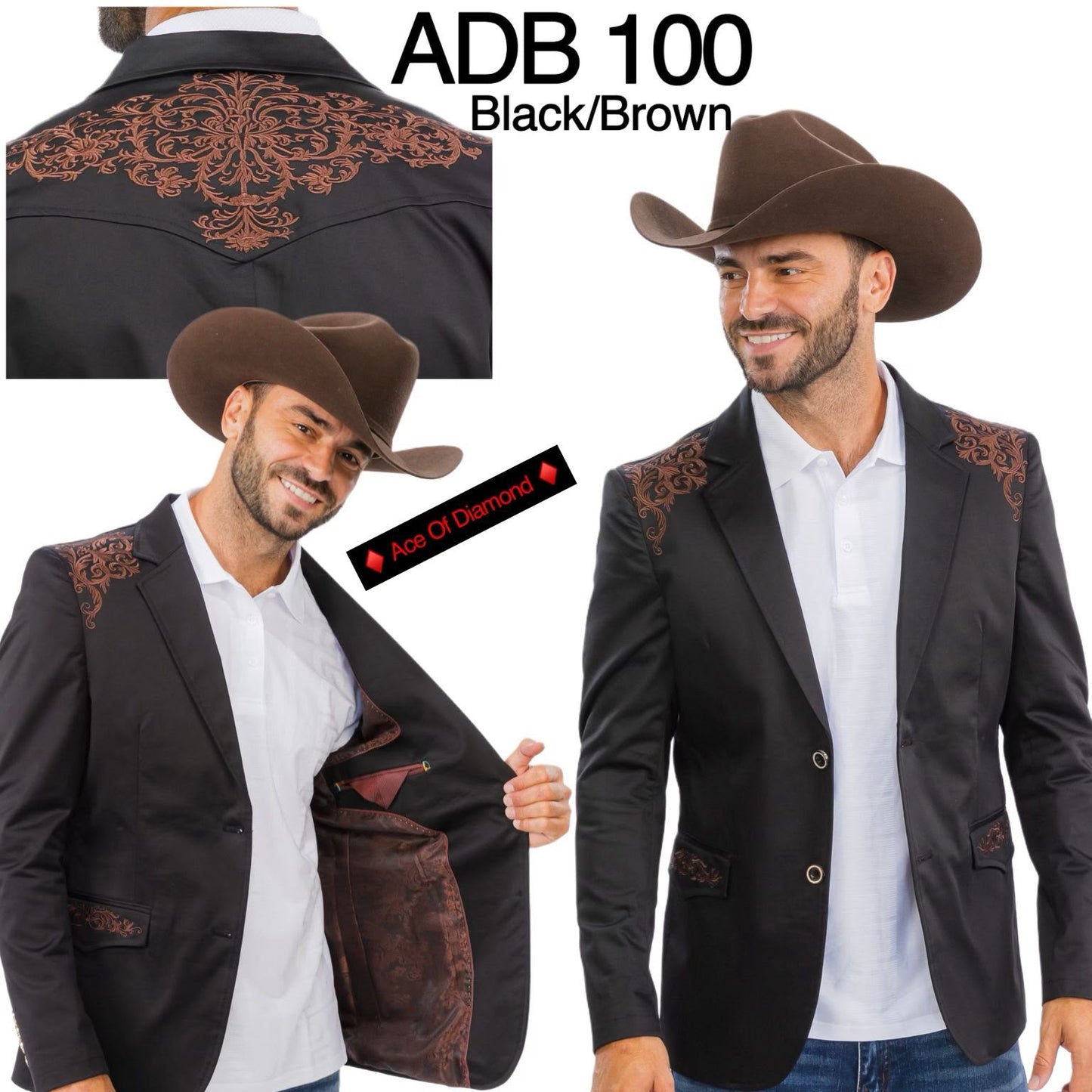 Men’s Black & Brown Western Blazer – Cowboy Sport Coat with Brown Embroidered Shoulder & Back Design