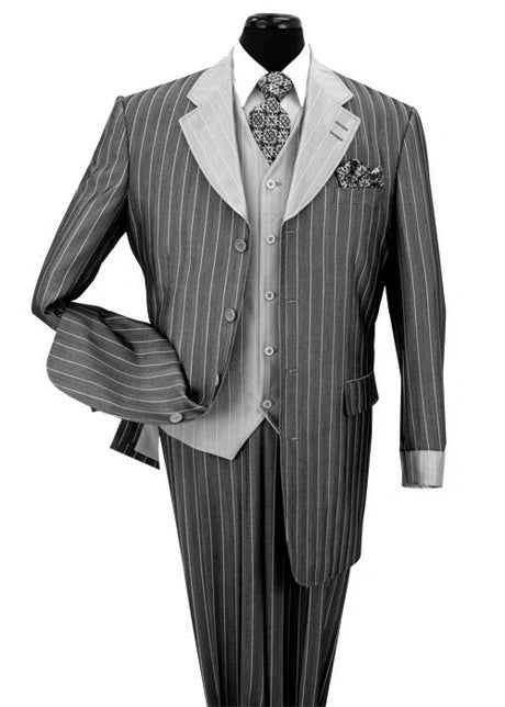 Men’s Grey Pinstripe 1920s Gangster 3 Piece Suit, Contrast Lapel Vintage Formal Suit for Parties, Prom, Weddings, and Theme Events Modern Fit