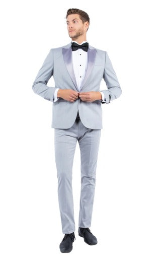 Men’s Silver Grey Dinner Jacket with Black Pants – Formal Wedding Prom Tuxedo Blazer Outfit Suit