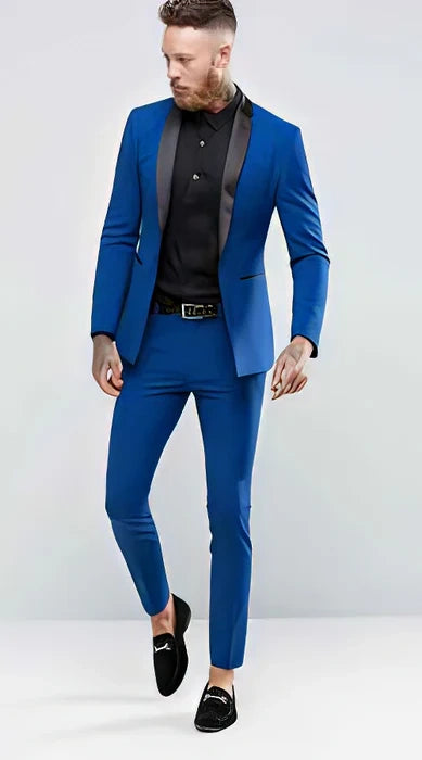 Men’s Royal Blue 3 Piece Suit with Black Lapel – Modern Formal Suit for Wedding, Prom and Party Wear Modern Fit